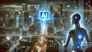 DALL·E 2025-03-09 23.25.22 - A dystopian cityscape where artificial intelligence has taken control. Towering skyscrapers with glowing circuits, holographic AI interfaces floating