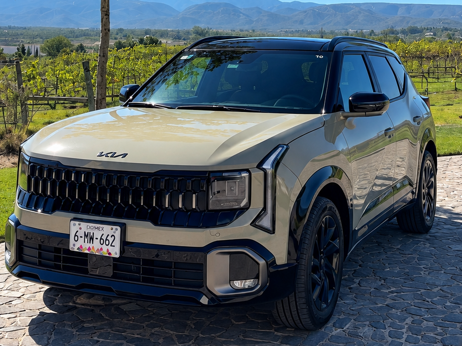 SUV beige junto a viñedos montañosos